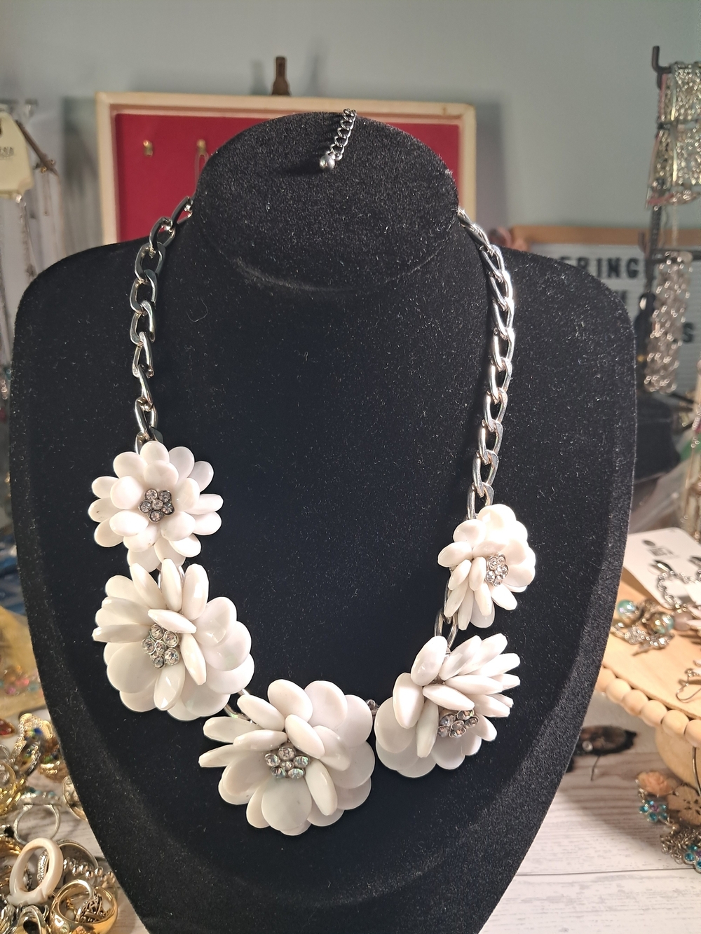 Floral White Statement Necklace with Crystal Centers